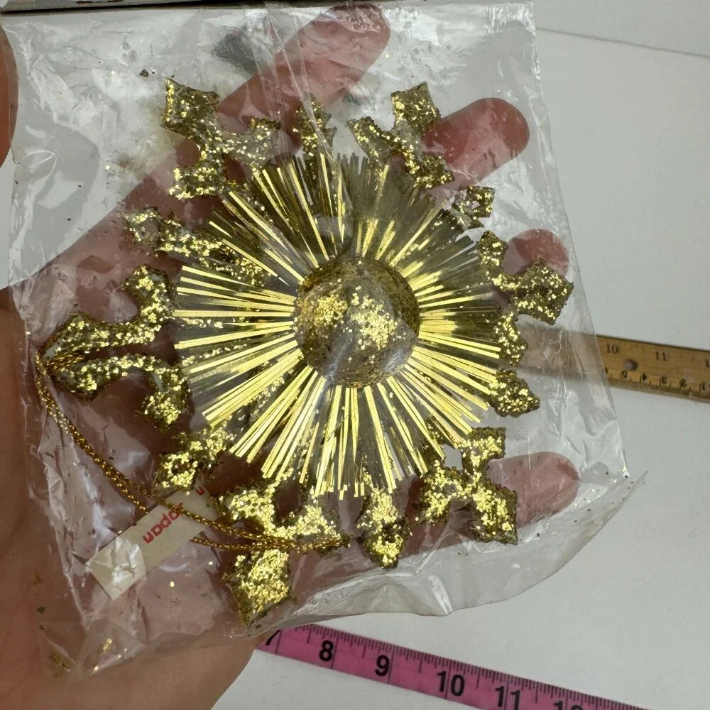 2 Vtg Sealed Santas World Gold Glitter‎ Ornaments Star Christmas Holiday Trim